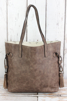 Taupe Gray Faux Leather Side Tassel Tote Hand Shoulder Bag - Tribal Coast ArtTote
