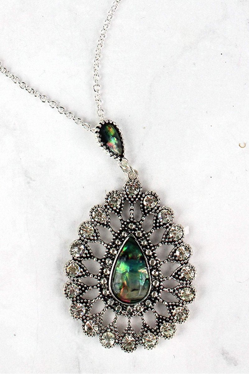 Teardrop Necklace Abalone and Crystal Accented Silvertone - Tribal Coast ArtNecklace