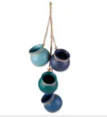 Tribal Coast Art Mini Hanging Pots Blue Tones - Tribal Coast Arthanging decorations