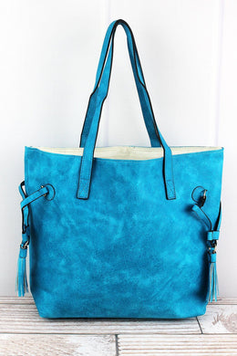 Turquoise Faux Leather Side Tassel Tote Hand Shoulder Bag - Tribal Coast ArtTote