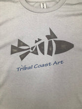 Load image into Gallery viewer, Unisex Adult Gray T Shirt Graphic Design Black Tribal Fish Blue Tribal Coast Art Lettering - Tribal Coast ArtT-Shirt
