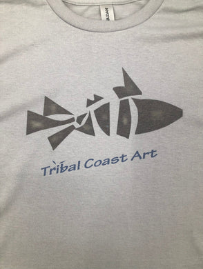 Unisex Adult Gray T Shirt Graphic Design Black Tribal Fish Blue Tribal Coast Art Lettering - Tribal Coast ArtT-Shirt