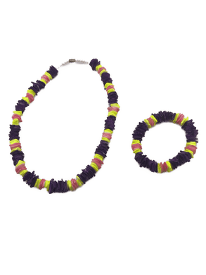 Unisex Kids Puka Shell Necklace Bracelet Matching Set Multicolor Vibrant Purple Pink Yellow - Tribal Coast Artnecklace bracelet set