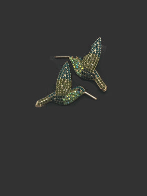 Vintage Hummingbird Earrings Green Rhinestones With Gold Tones - Tribal Coast ArtEarrings