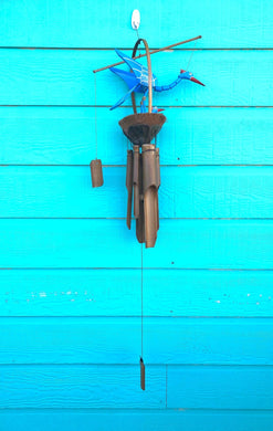 Wooden Bamboo Wind Chime Outdoors Blue Mama Bird Tribal Coast Art - Tribal Coast Artwind chime