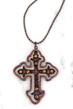 Load image into Gallery viewer, WORN COPPERTONE AND TOPAZ CRYSTAL CROSS NECKLACE - Tribal Coast ArtNecklace
