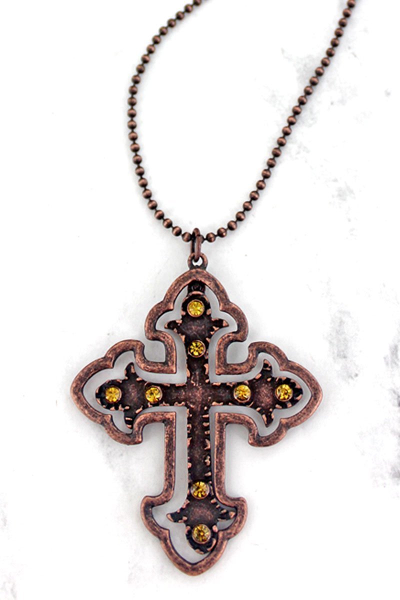 WORN COPPERTONE AND TOPAZ CRYSTAL CROSS NECKLACE - Tribal Coast ArtNecklace