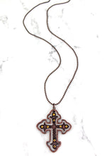 Load image into Gallery viewer, WORN COPPERTONE AND TOPAZ CRYSTAL CROSS NECKLACE - Tribal Coast ArtNecklace
